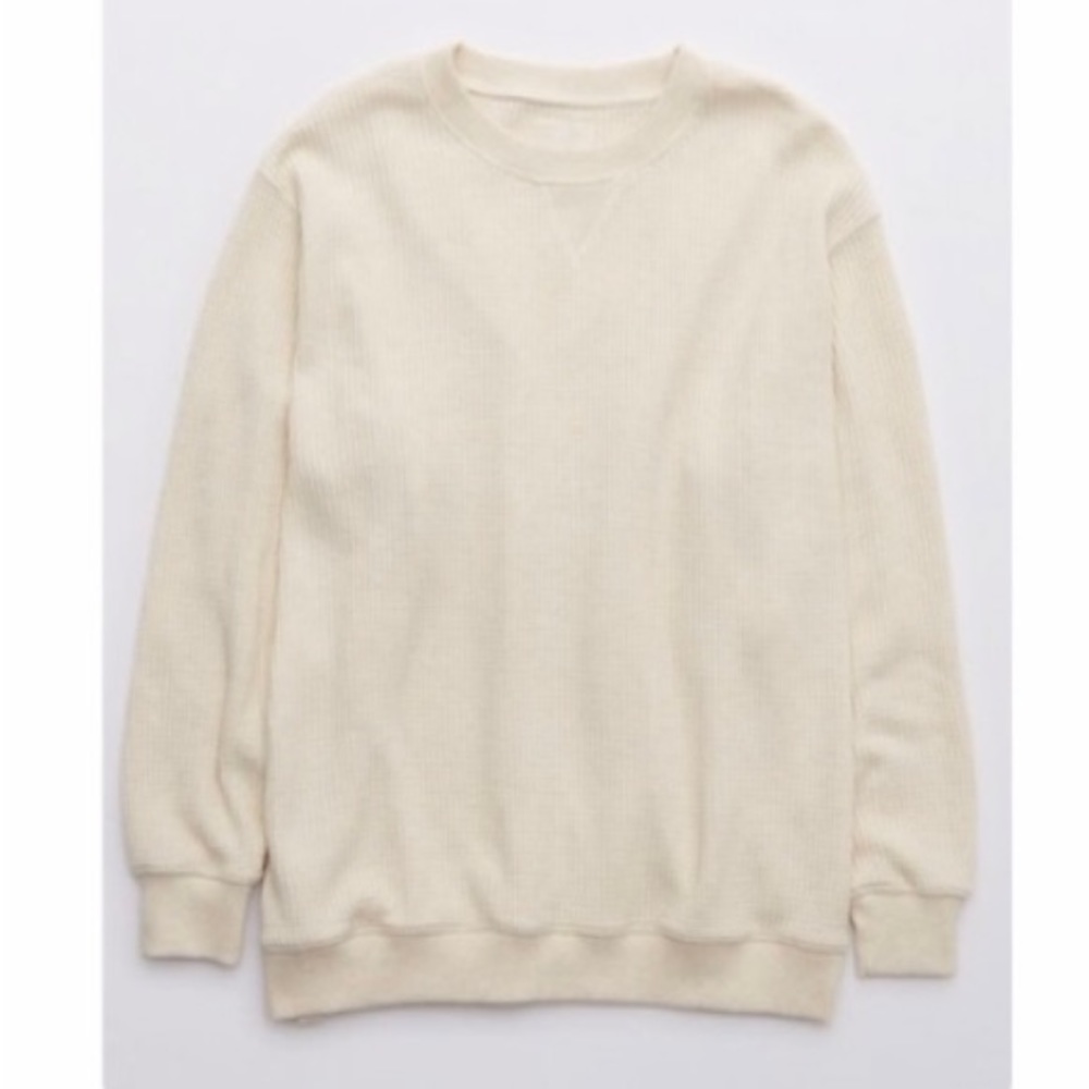 Aerie Oversized Waffle Crew Neck Sweatshirt Cream